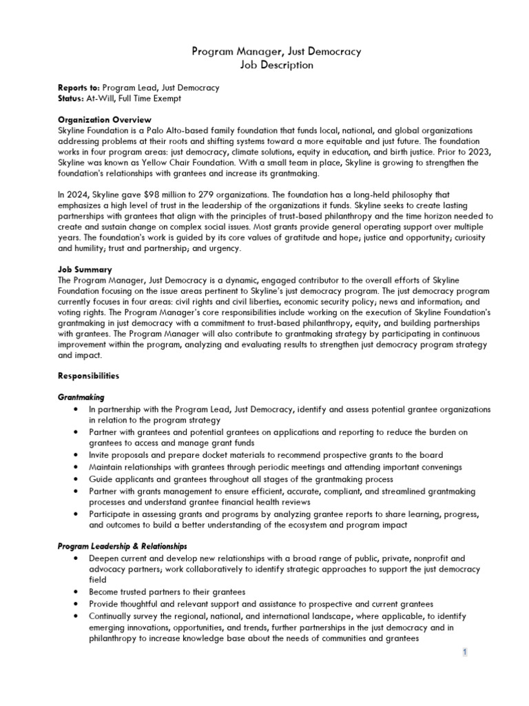 Program Manager for Just Democracy Role | PDF | Employment | Grant (Money)