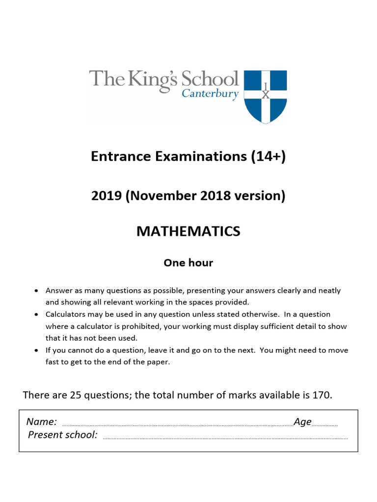 14+ Mathematics Entrance Exam 2019 | PDF | Area | Significant Figures