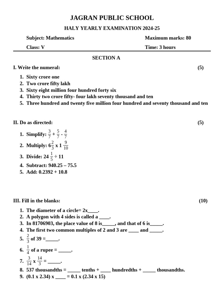 Class V Mathematics Exam Paper 2024-25 | PDF | Mathematics | Arithmetic