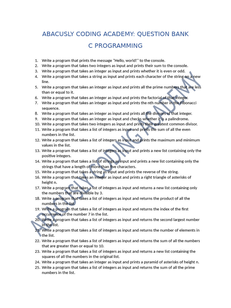 C Programming Question Bank | PDF | Numbers | Discrete Mathematics