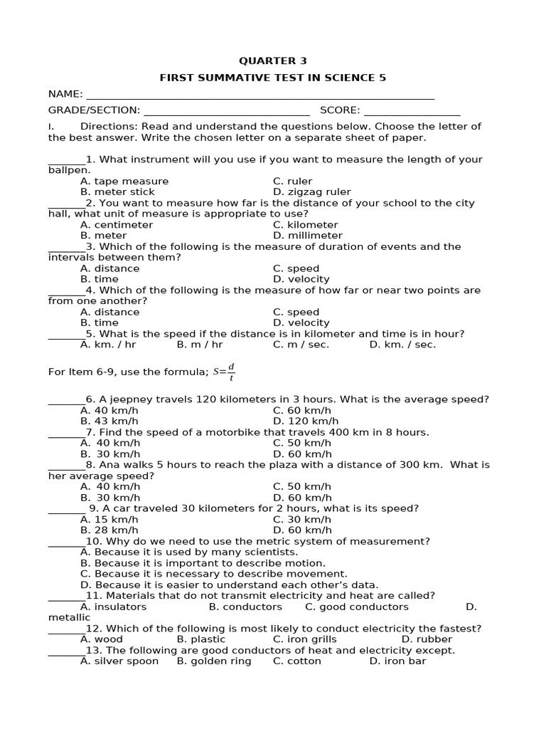 1ST Summative Test in Science 5-Q3 | PDF | Electrical Conductor | Speed