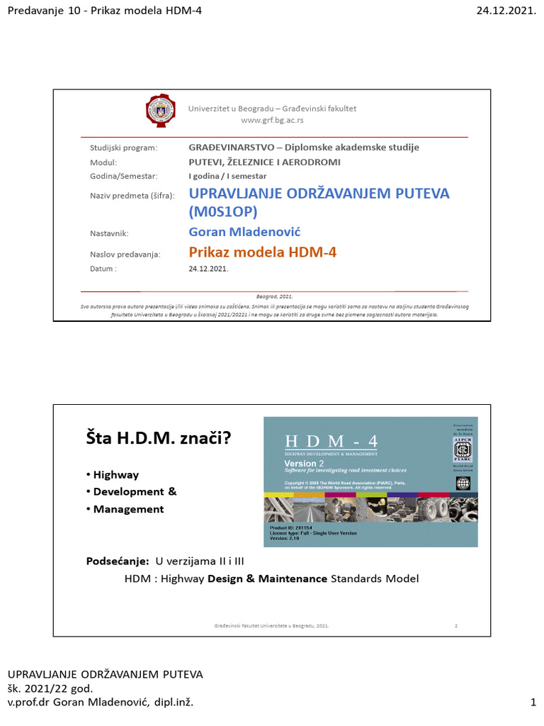 Predavanje 10 Prikaz Modela HDM 4 1640293491483 | PDF