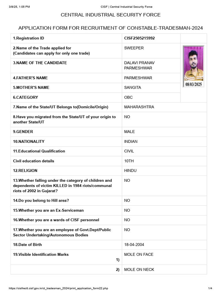 CISF Constable Tradesman Application 2024 | PDF | Justice | Crime ...