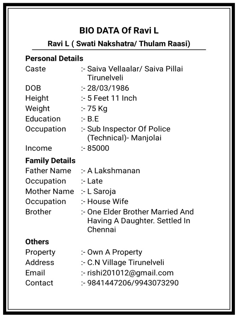 Ravi L's Personal Bio Data | PDF