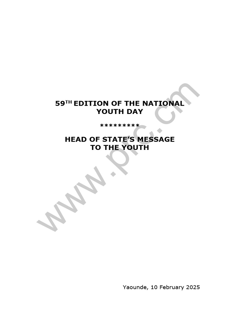 Head of State's Message To The Youth On The 59th Edition of The