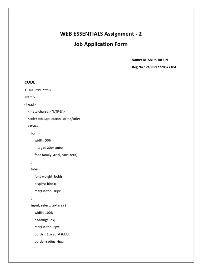 Job Application Form HTML Template | PDF