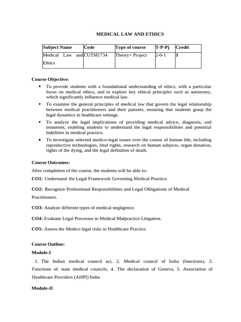 Medical Law and Ethics Syllabus | PDF | Medicine | Negligence