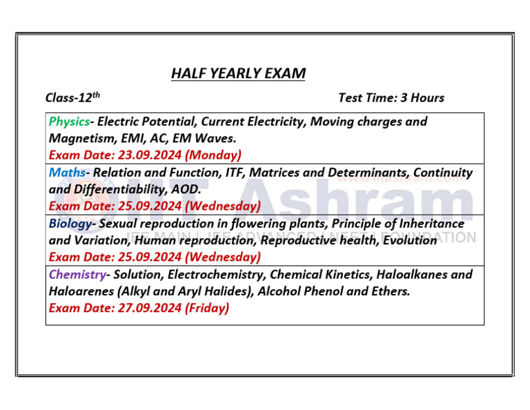 Class 12 Half Yearly Exam Schedule | PDF