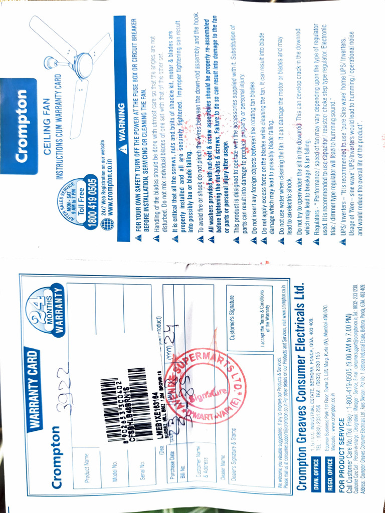 Crompton Ceiling Fan Warranty Guide | PDF | Manufactured Goods | Equipment