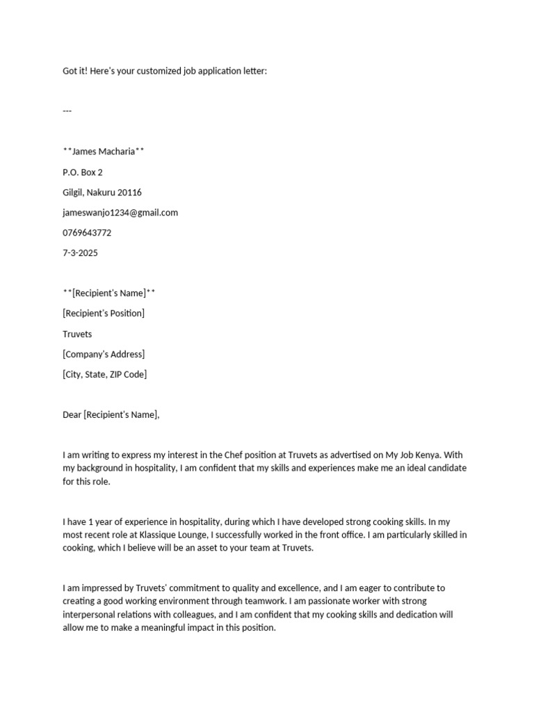 Job Application for Chef Position | PDF