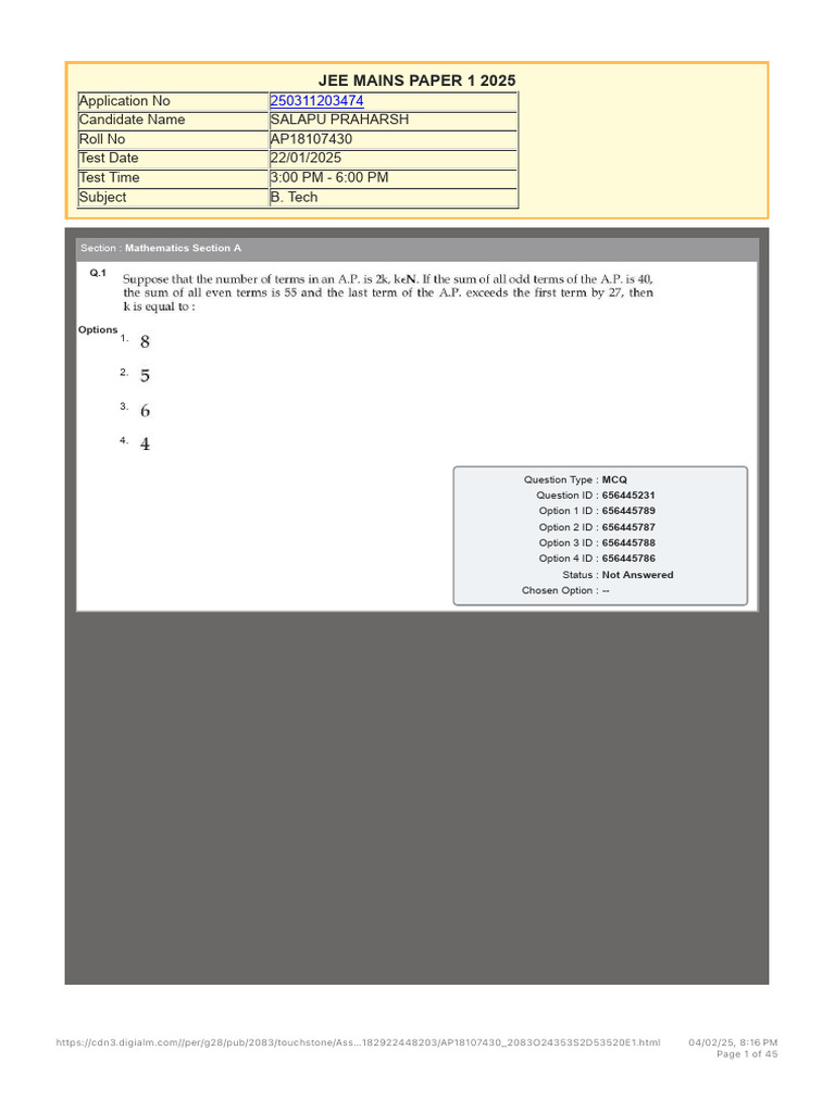 JEE Mains 2025 Candidate Responses | PDF | Multiple Choice ...
