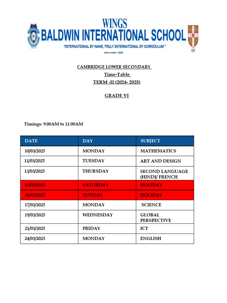 Term II Timetable and Portions 2024 - 25 Grade 6 | PDF | Area | Ratio