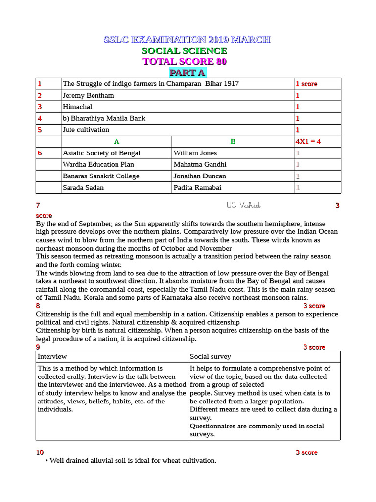 SS Answer Key English Medium SSLC March 2019 by UC Vahid Sir | PDF ...