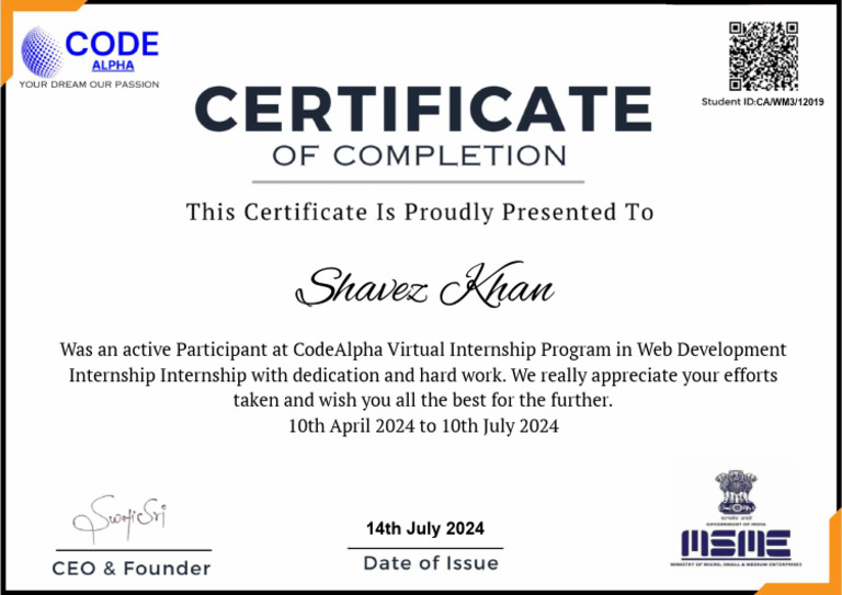 CodeAlpha Web Development Internship Certificate | PDF