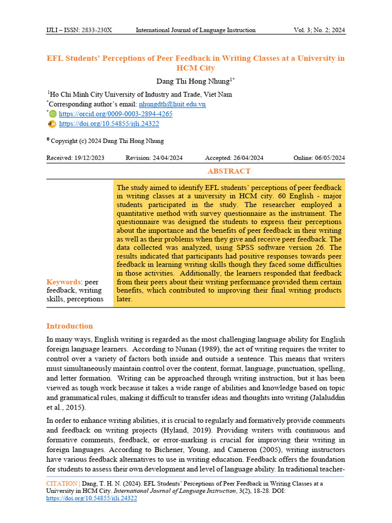 Students' Perceptions of Peerfeedback in EFL Writing Classes | PDF ...