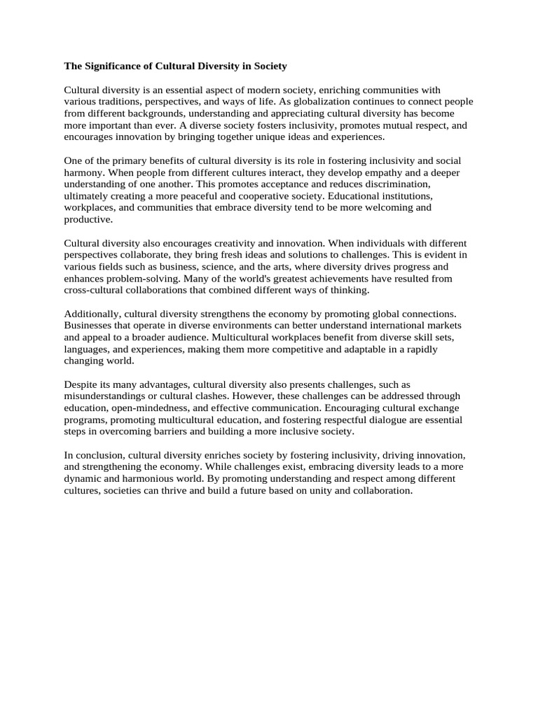 Importance of Cultural Diversity | PDF | Multiculturalism | Cultural ...