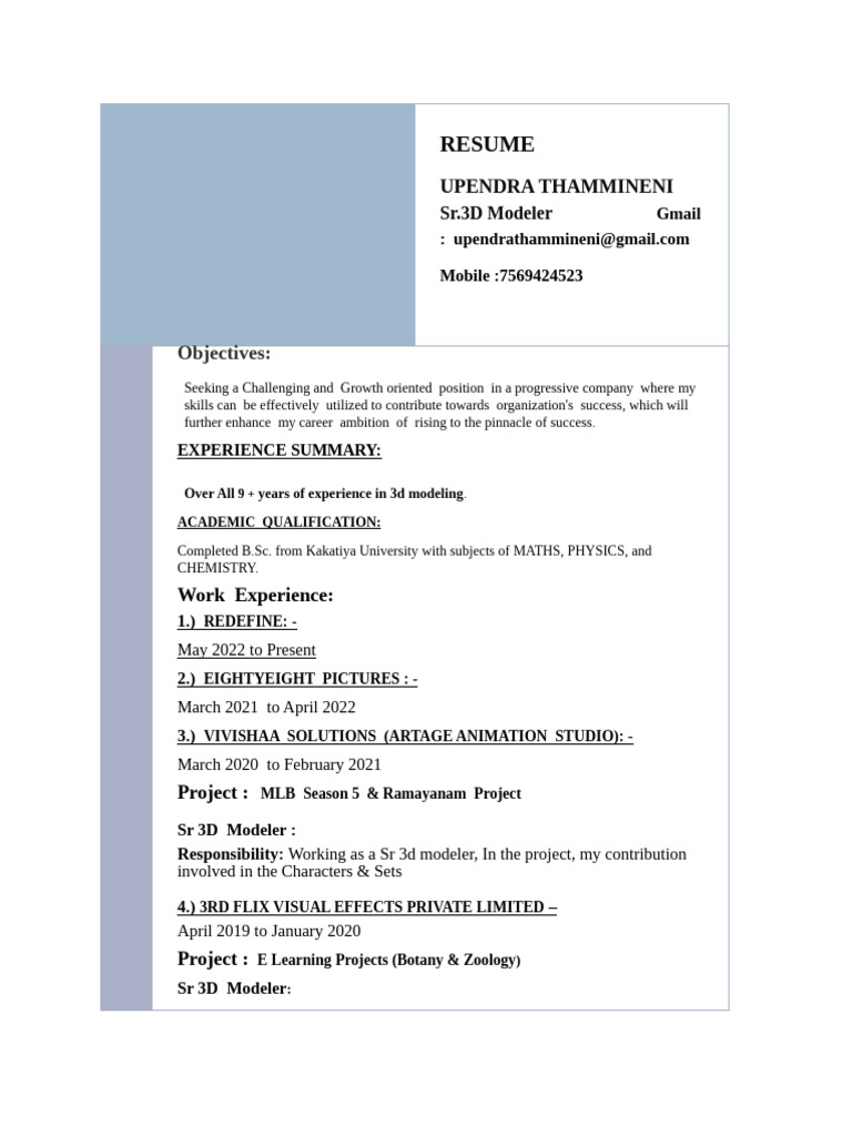 Senior 3D Modeler Resume - Upendra Thammineni | PDF | Technical Drawing ...