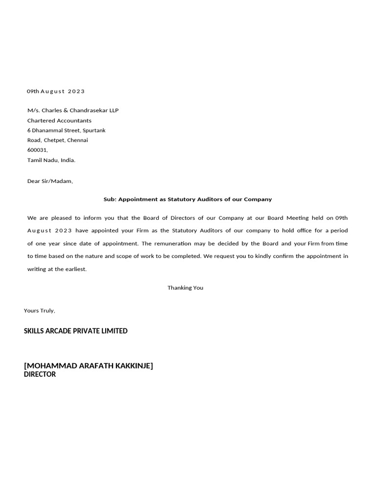 Auditor Appointment Confirmation Letter | PDF