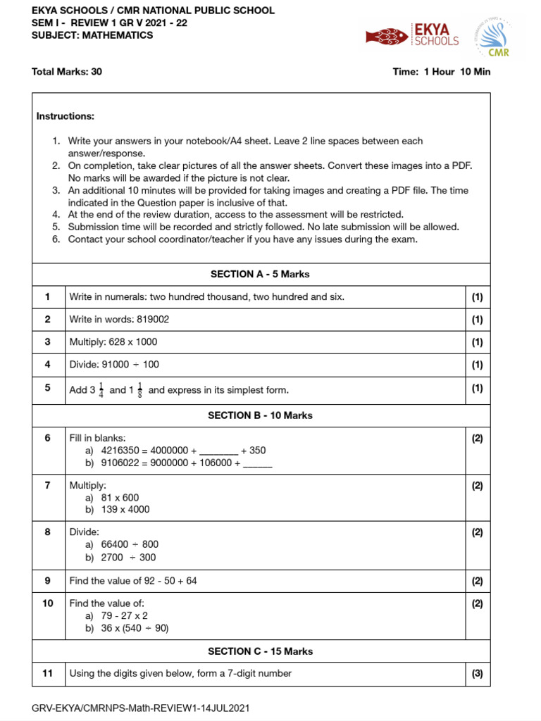 GRV Ekya Cmrnps Math Review1 14jul2021 | PDF