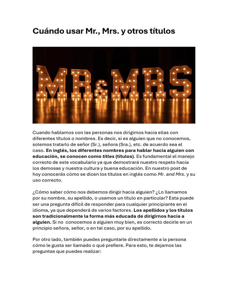 Uso de títulos en inglés: Mr. y Mrs. | PDF
