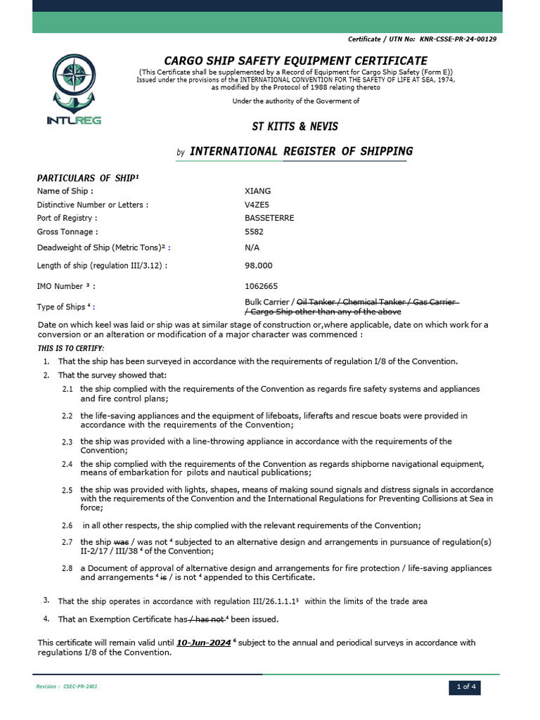 Cargo Ship Safety Equipment Certificate | PDF | Ships | Shipping