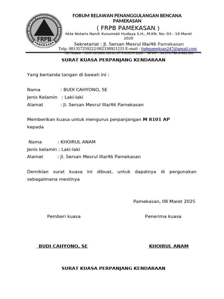 Surat Kuasa Perpanjangan Kendaraan FRPB Pamekasan | PDF