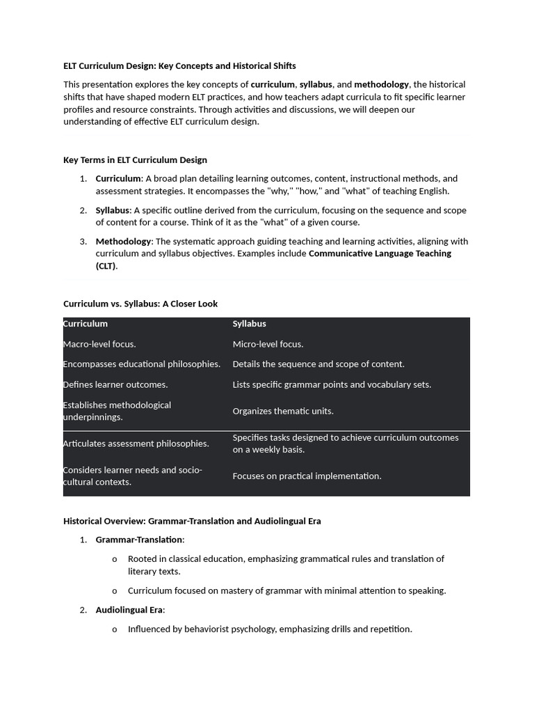 ELT Curriculum Design: Key Concepts Explained | PDF | Curriculum | Learning