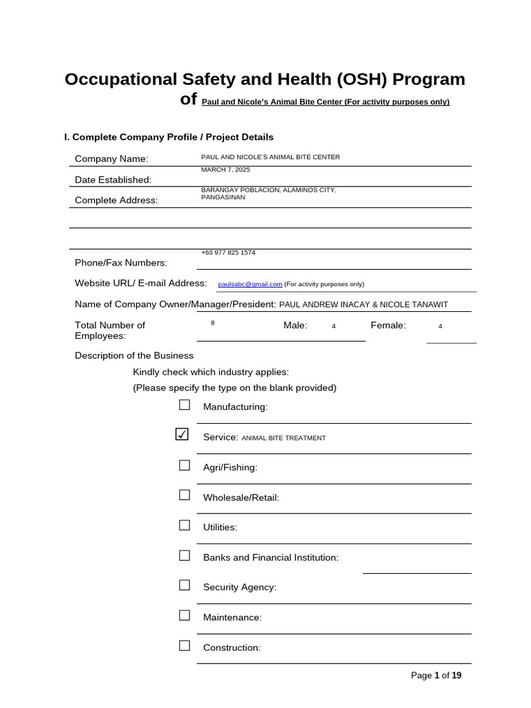 OSH Program for Animal Bite Center | PDF | Occupational Safety And ...