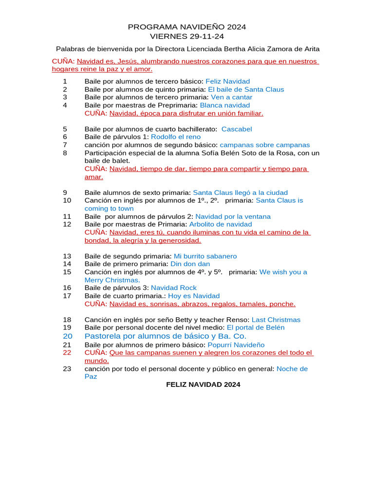 Programa Navideño 2024: Celebración Escolar | PDF