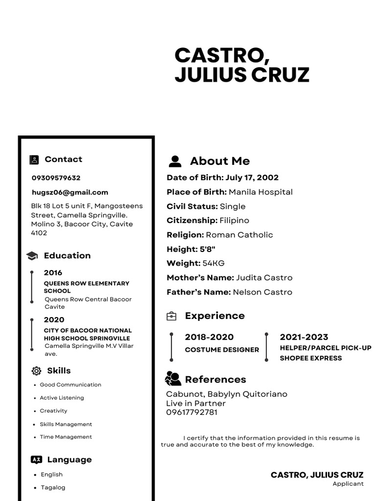 Resume of Julius Cruz Castro | PDF