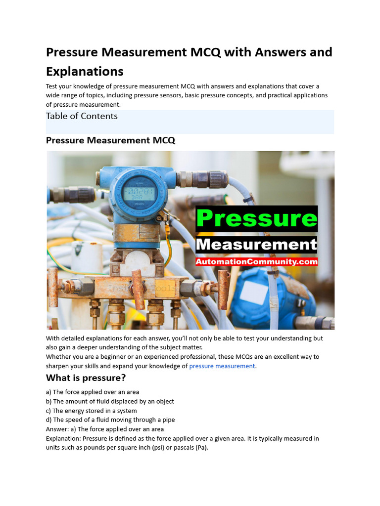 Pressure Measurement Mcq With Answers And Explanations Pdf Pressure
