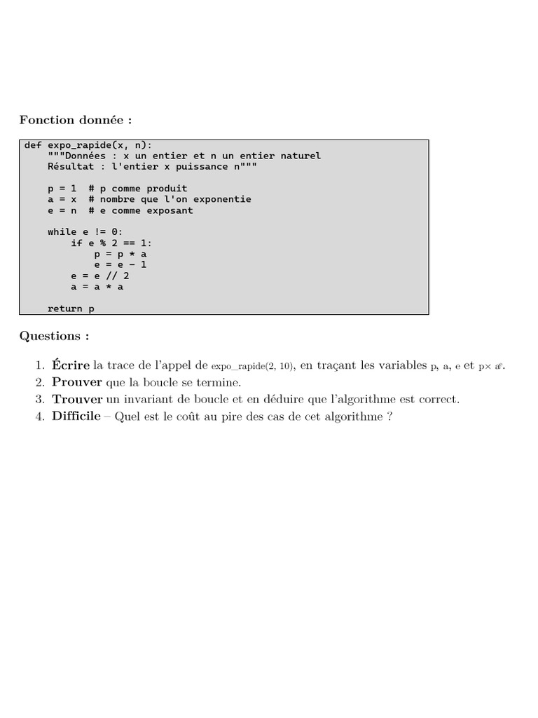 Algorithme d'exponentiation rapide en Python | PDF