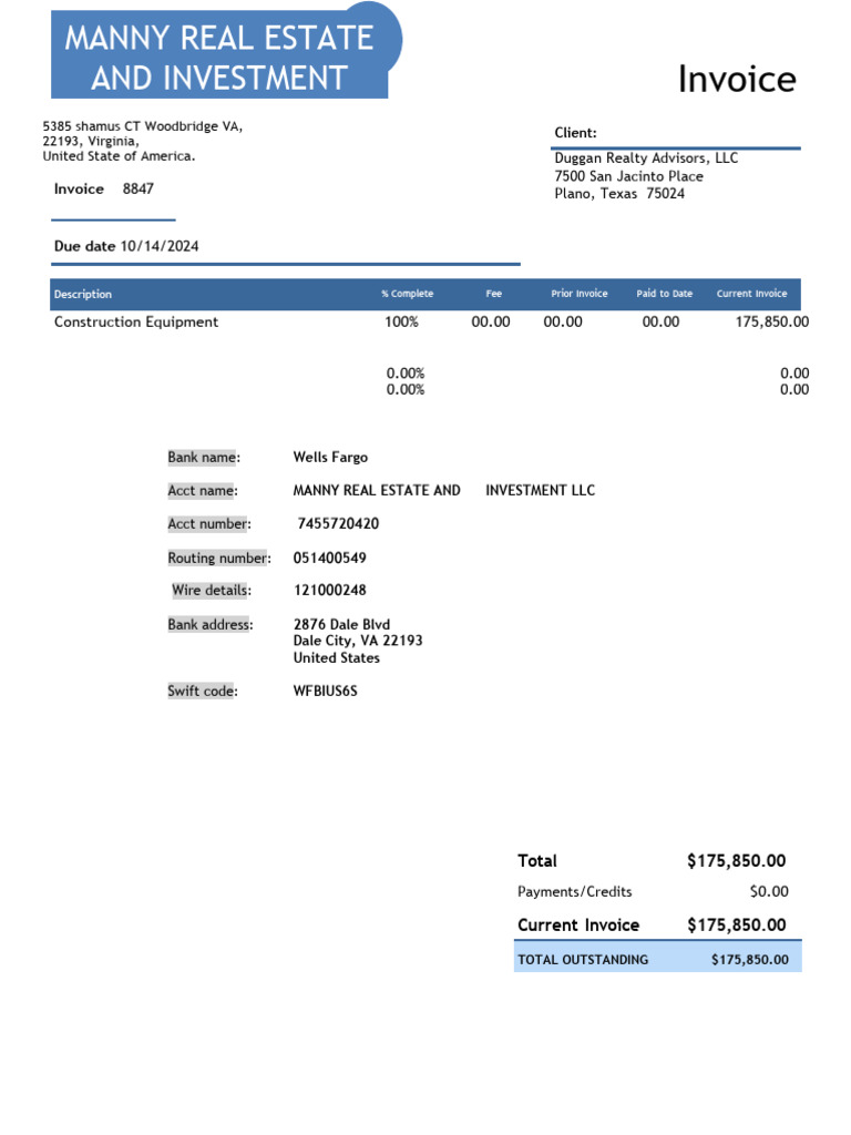 Invoice for Manny Real Estate LLC | PDF