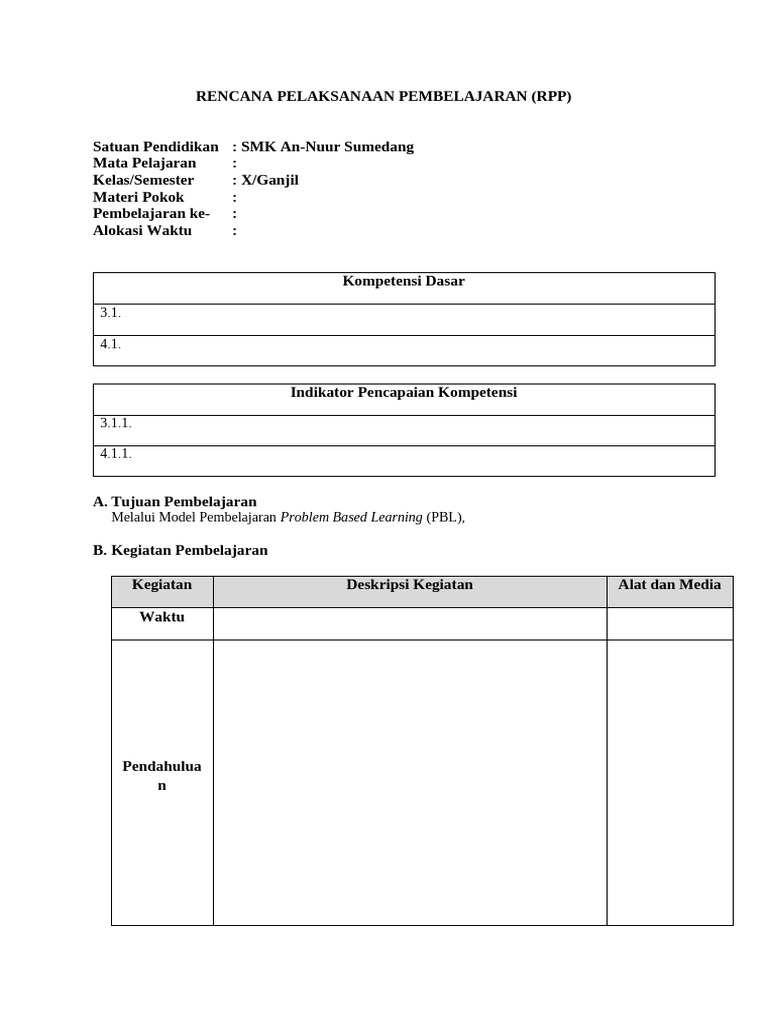 RPP PBL untuk SMK An-Nuur Sumedang | PDF