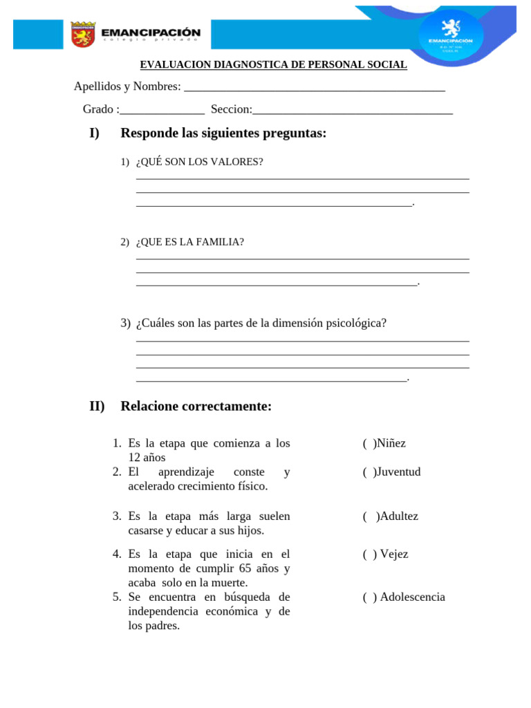 Examen Bimestral Del Quinto Grado de Personal Social | PDF | Familia ...