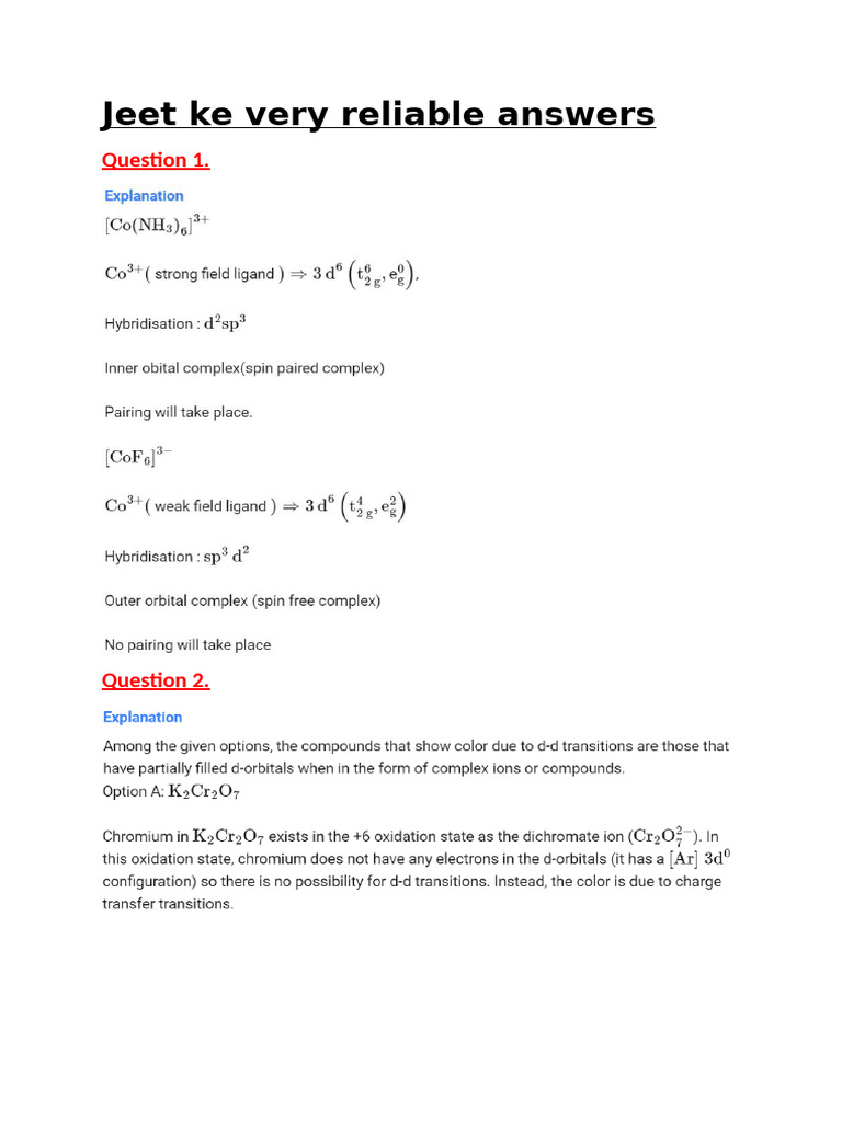 Coordinate Chemistry (Answers) | PDF