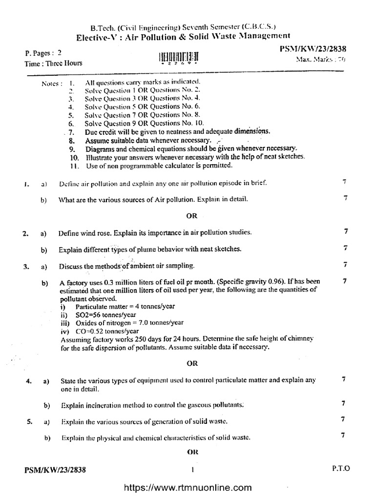 Ce 7 Sem Air Pollution and Soild Waste Management 2838 Winter 2023 | PDF