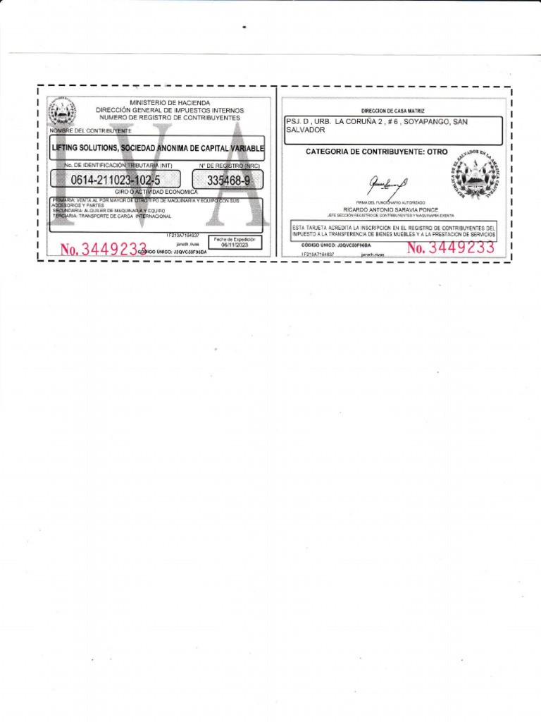 Tarjeta de IVA y Registro de Contribuyente | PDF