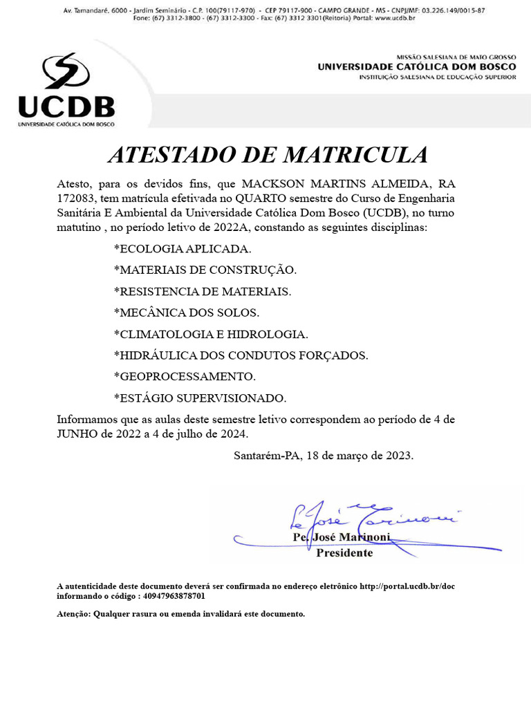 Atestado de Matricula | PDF