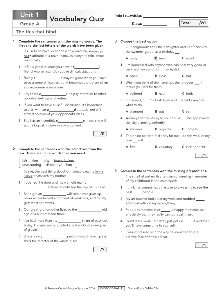 Vocabulary Quiz Unit 1 Group A | PDF