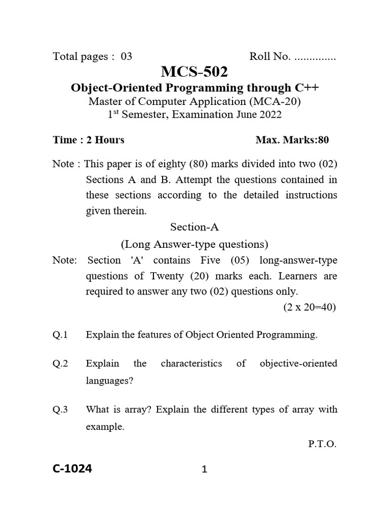 Object-Oriented Programming Through C++: Total Pages: 03 Roll No ...