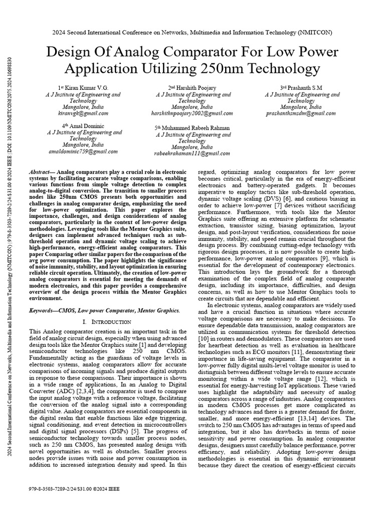 Design of Analog Comparator For Low Power Application Utilizing | PDF ...