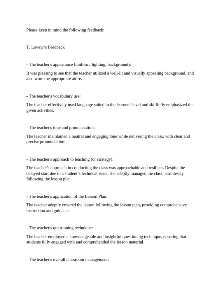 Teacher Performance Feedback Summary | PDF
