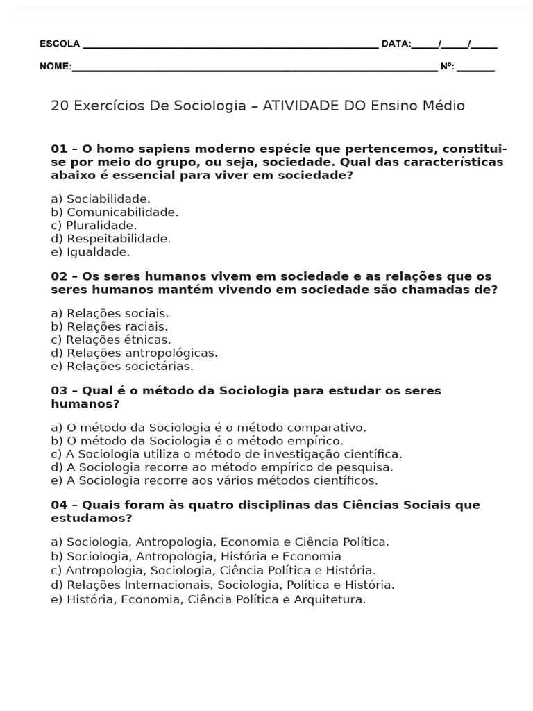 Exercícios de Sociologia para Ensino Médio | PDF | Sociologia | Revoluções