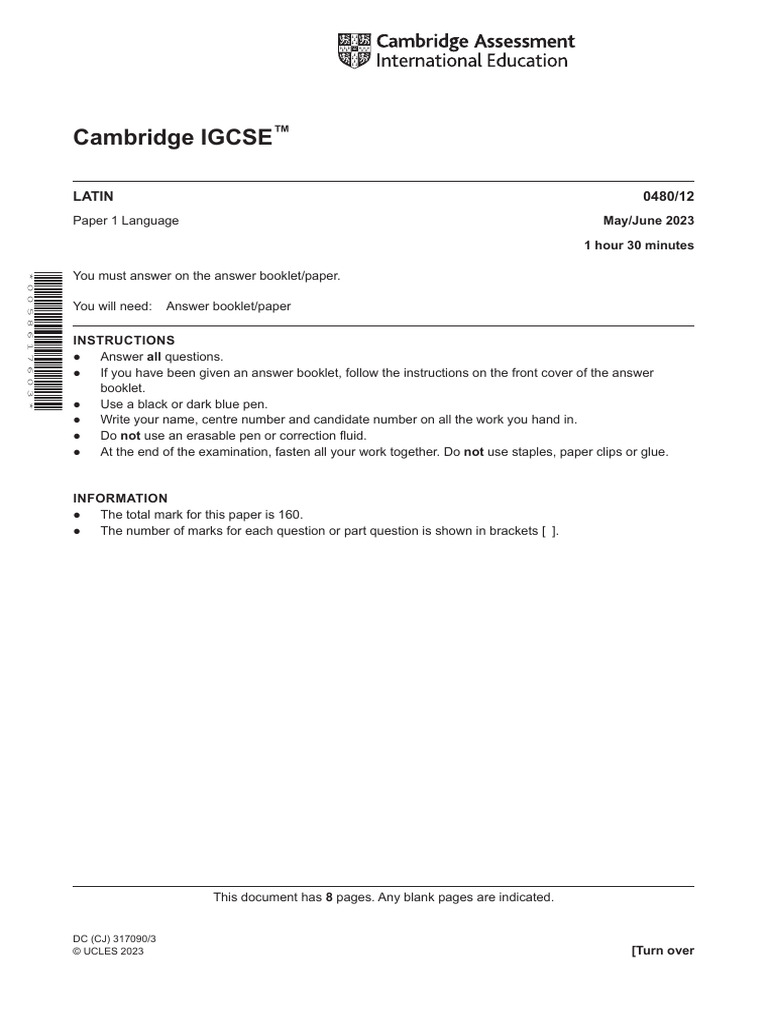 Cambridge IGCSE Latin Exam Paper 2023 | PDF