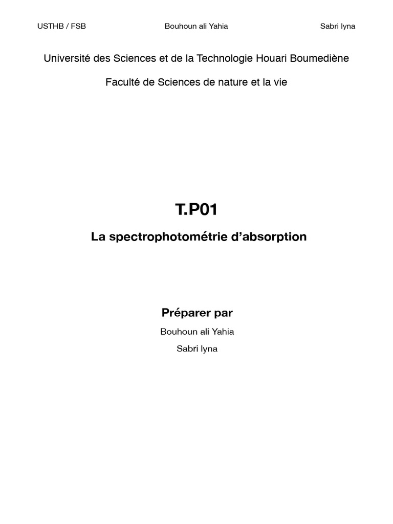 Spectrophotométrie d'Absorption: TP USTHB | PDF | Spectrophotométrie ...