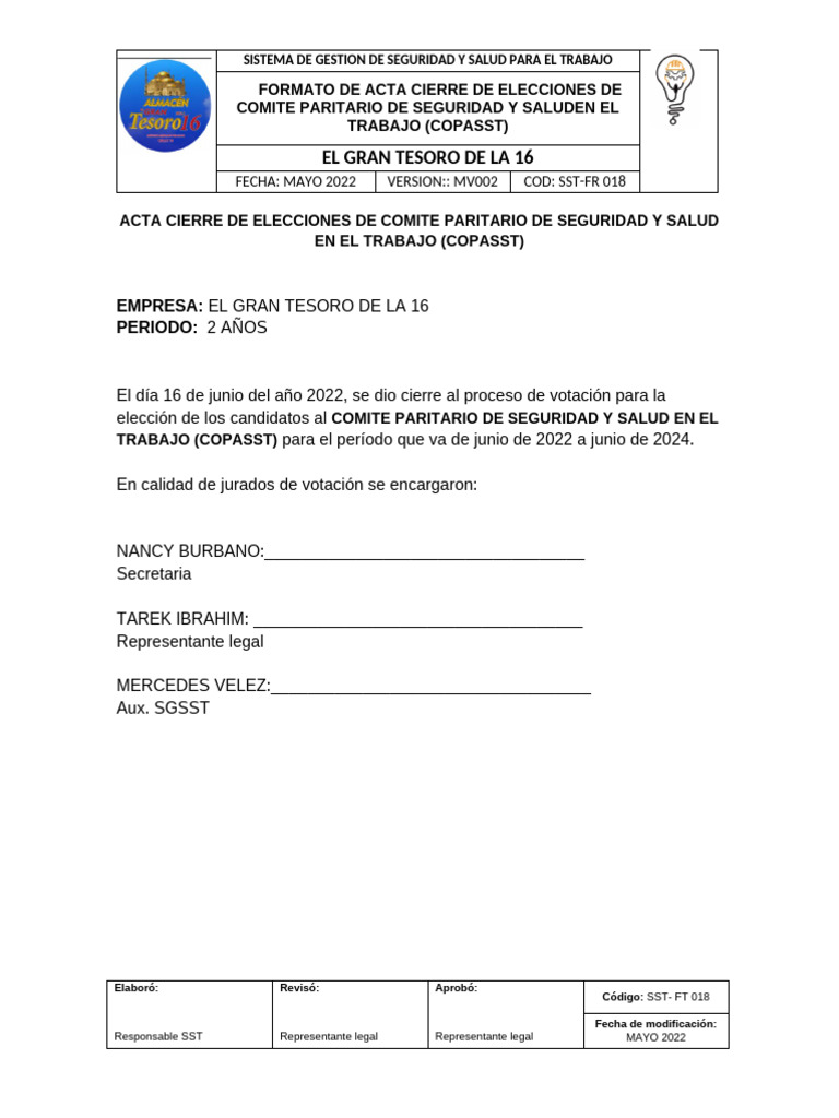 Acta de Elecciones COPASST 2022-2024 | PDF
