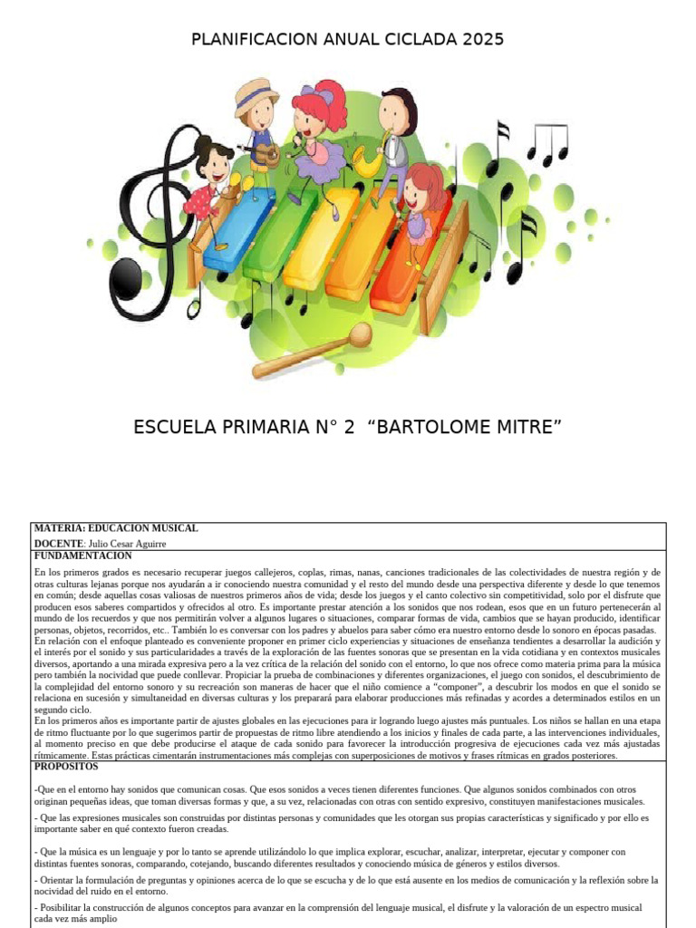 Planificación Anual Educación Musical 2025 | PDF | Ritmo | Canciones