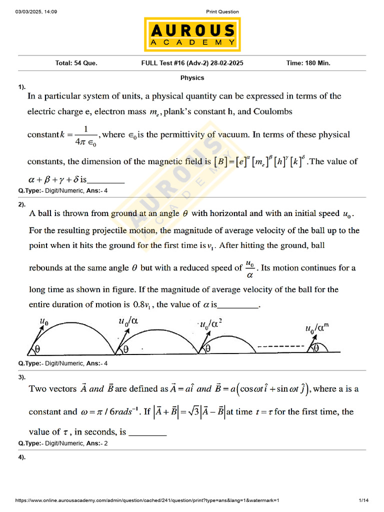FULL Test #16 (Adv-2) 28-02-2025 | PDF | Standardized Tests | Tests