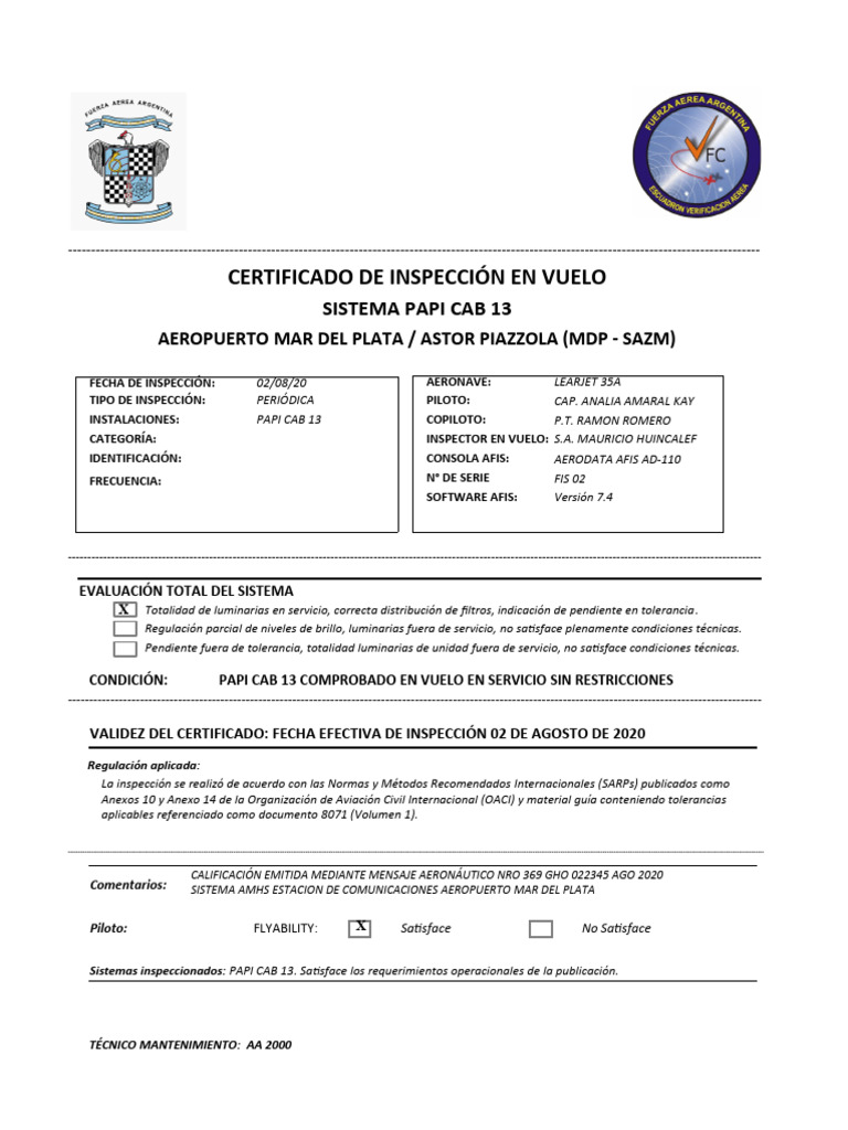 Certificado Inspección PAPI CAB 13 MDP | PDF | Seguridad de transporte ...